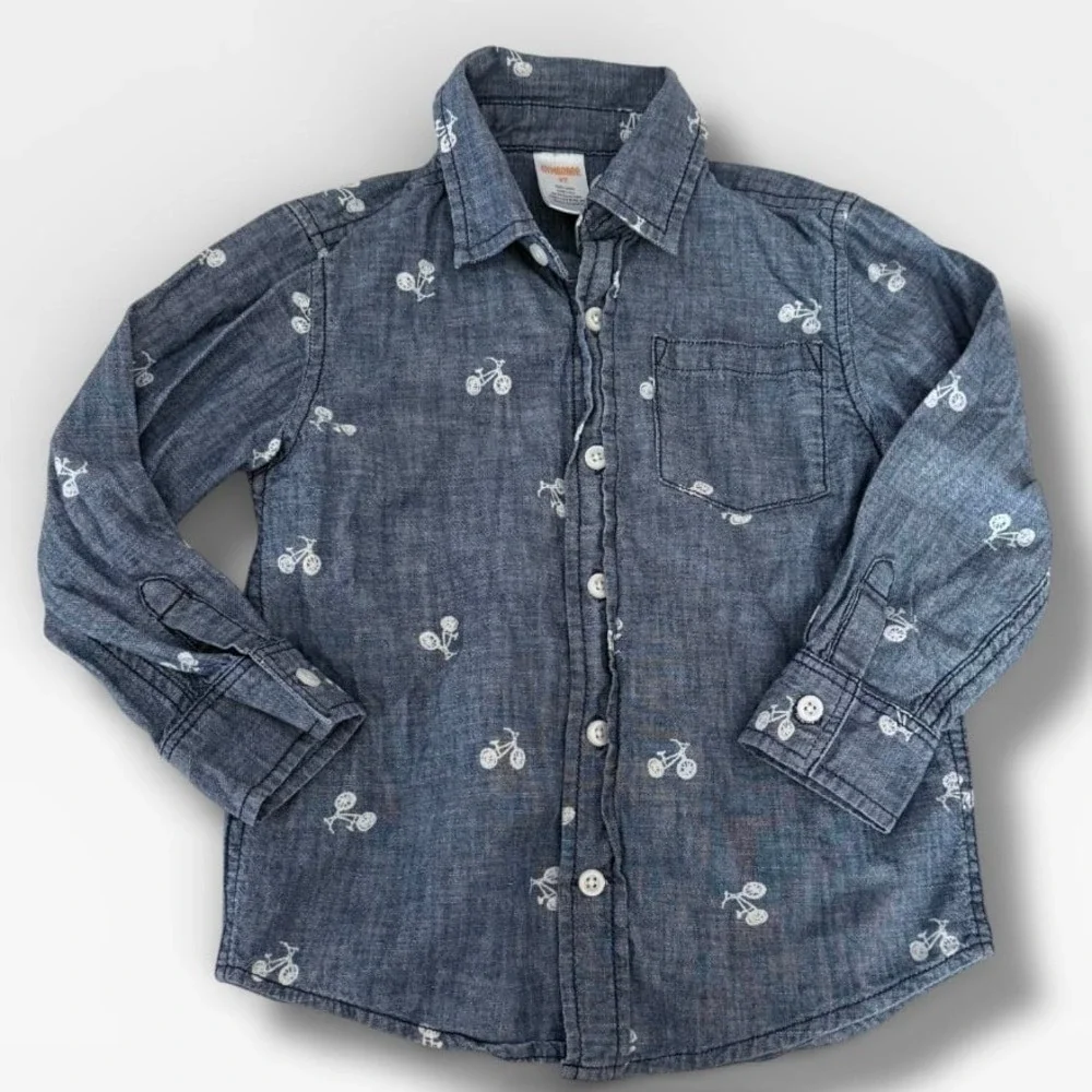 Gymboree Shirt Boys Size 4T Blue Chambray Bicycle 100% Cotton Long Sleeve Button